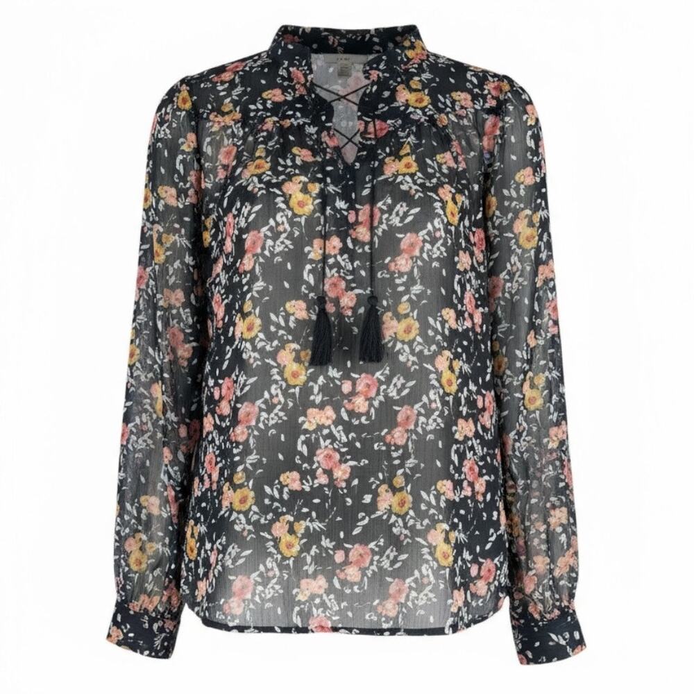 Xhilaration Floral Lace Up Sheer Top Blouse Black Size XS